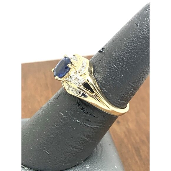 Blue Gemstone Diamond Cocktail Ring 14k Yellow Gold Estate Women's Size 7 - Picture 8 of 14